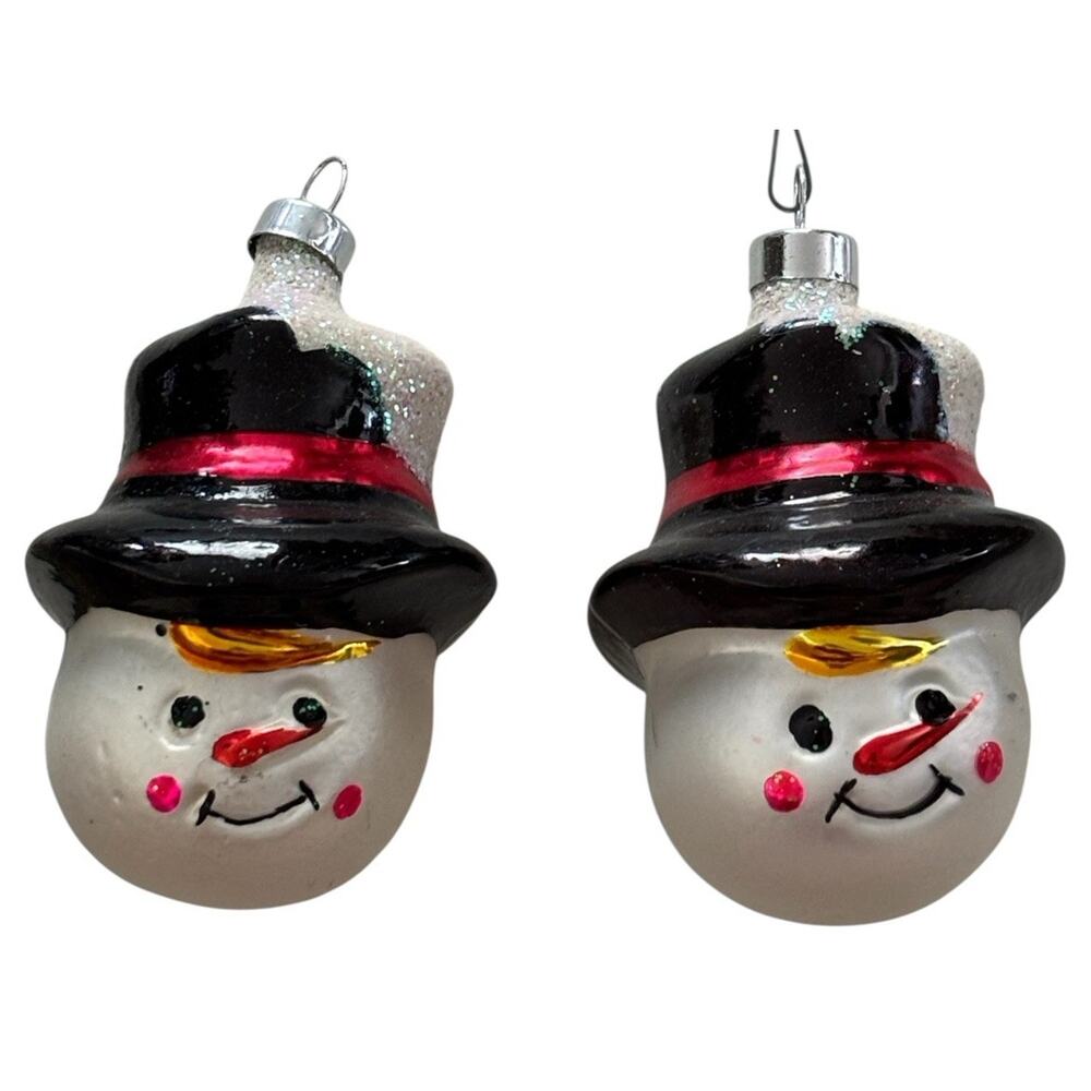 Vintage Christmas Ornaments 3" Glass Snowmen Glitter Snow Black Top Hat